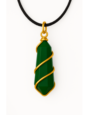 Green Jade Double-Pointed Pendant Wrapped in Gold-Plated Copper