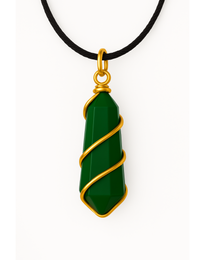 Green Jade Double-Pointed Pendant Wrapped in Gold-Plated Copper