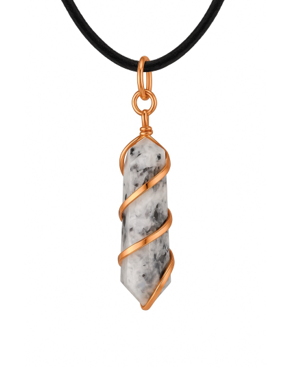 RainBow Moon Stone Double-Pointed Pendant Wrapped in Rose Gold-Plated Copper