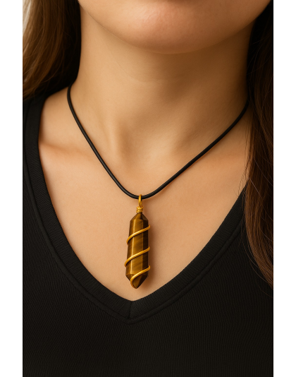 Tiger Eye Double-Pointed Pendant Wrapped in Gold-Plated Copper